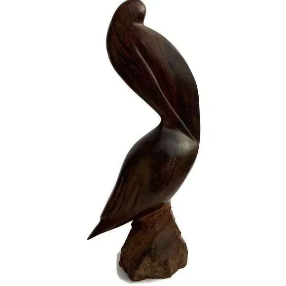Vintage Mid Century Modern Carved Teak Wood Pelican Quail Bird Sculptures Set